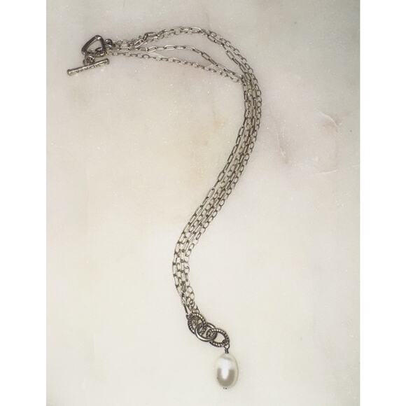 Silpada 925 Sterling Silver Double Chain Drop Necklace Pearl Pendant Toggle - Picture 4 of 6